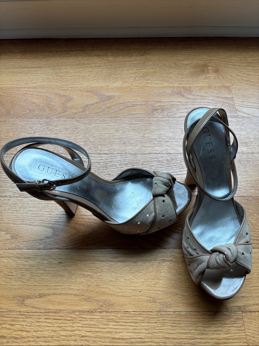 GUESS Taupe Knotted Suede Peep-Toe Ankle Strap Heels